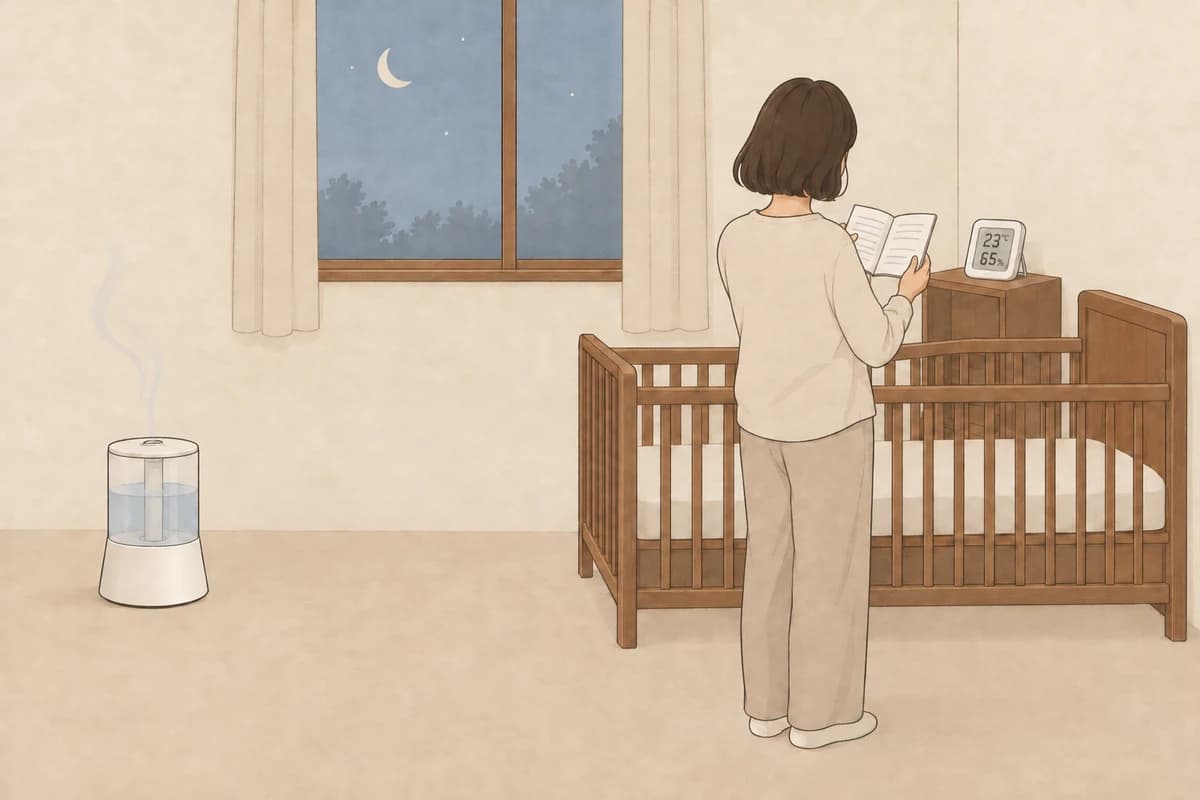 밤의 아기 방, 아기 침대에서 떨어진 발치 쪽 바닥에 가습기가 놓이고, 부모가 가습기 설명서를 펼쳐 든 채 머리맡 선반의 작은 습도계를 바라보는 그림