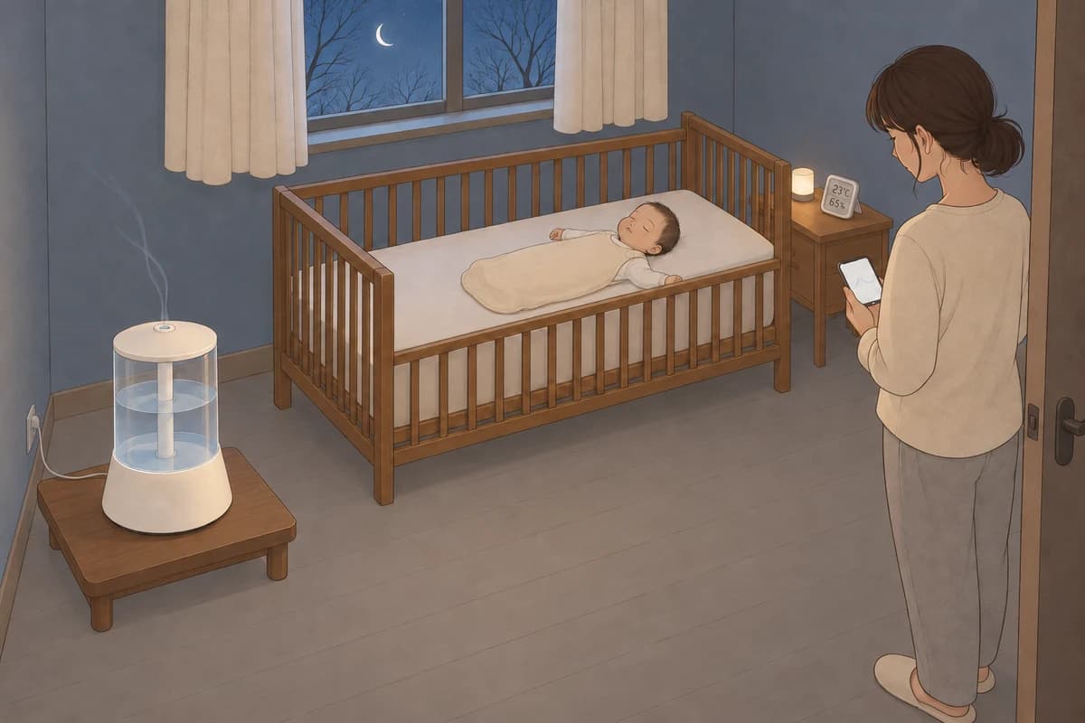 밤의 어둑한 아기 방, 수면조끼를 입은 아기가 맞춤 시트만 깔린 아기 침대에 반듯이 누워 자고, 침대 머리맡 협탁의 작은 수유등 옆 온습도 센서가 23℃, 65%를 가리키며, 침대 발치 쪽 왼쪽 벽 앞 낮은 원목 받침 위 가운데 분무관 하나가 보이는 투명 원통 물통 가습기에서 옅은 분무가 침대 반대쪽 위로 오르고, 반쯤 열린 문 안쪽에 선 엄마가 잔잔한 선 하나만 보이는 휴대폰을 내려다보는 그림