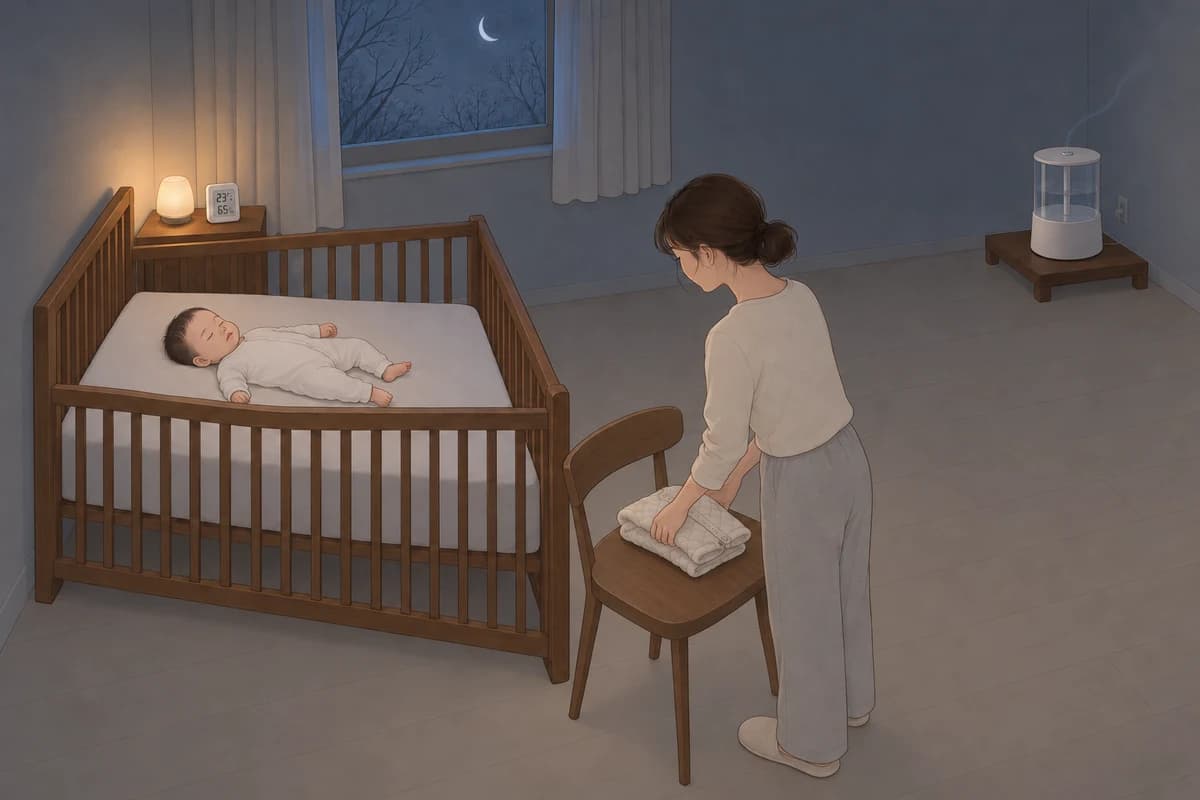 겨울 밤 어둑한 아기 방, 베개·이불·인형 없이 꼭 맞는 시트만 깔린 아기 침대에 모자 없이 얇은 흰 면 내복만 입은 아기가 반듯이 누워 자고, 엄마가 침대 앞 의자 위에 방금 벗긴 도톰한 누빔 내복을 개어 내려놓으며, 침대 발치 너머 오른쪽 안쪽 구석의 낮은 원목 받침 위 가습기의 옅은 분무가 위로 흩어지고, 머리맡 협탁의 작은 수유등 옆 온습도 센서가 23℃, 65%를 가리키는 그림