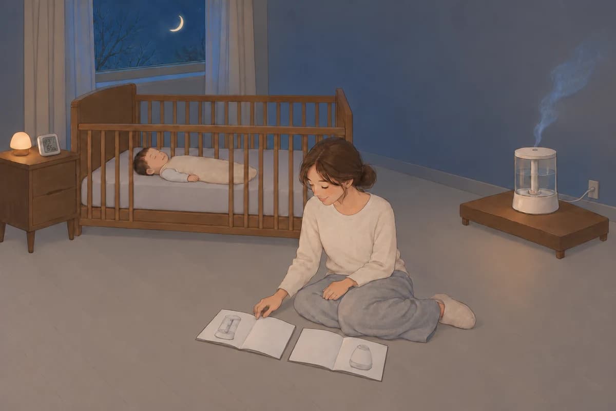 밤의 어둑한 아기 방, 엄마가 바닥에 다리를 모으고 앉아 가습기 그림만 있는 작은 책자 두 권을 나란히 펼쳐 보고, 수면조끼를 입은 아기가 베개·이불·인형 없이 맞춤 시트만 깔린 침대에 똑바로 누워 자며, 침대 머리 쪽 협탁의 작은 수유등 옆 온습도 센서가 23℃, 65%를 가리키고, 침대 발치 너머 오른쪽 구석 낮은 원목 받침 위 가습기에서 옅은 분무 한 줄기가 침대 반대쪽 위로 오르는 그림