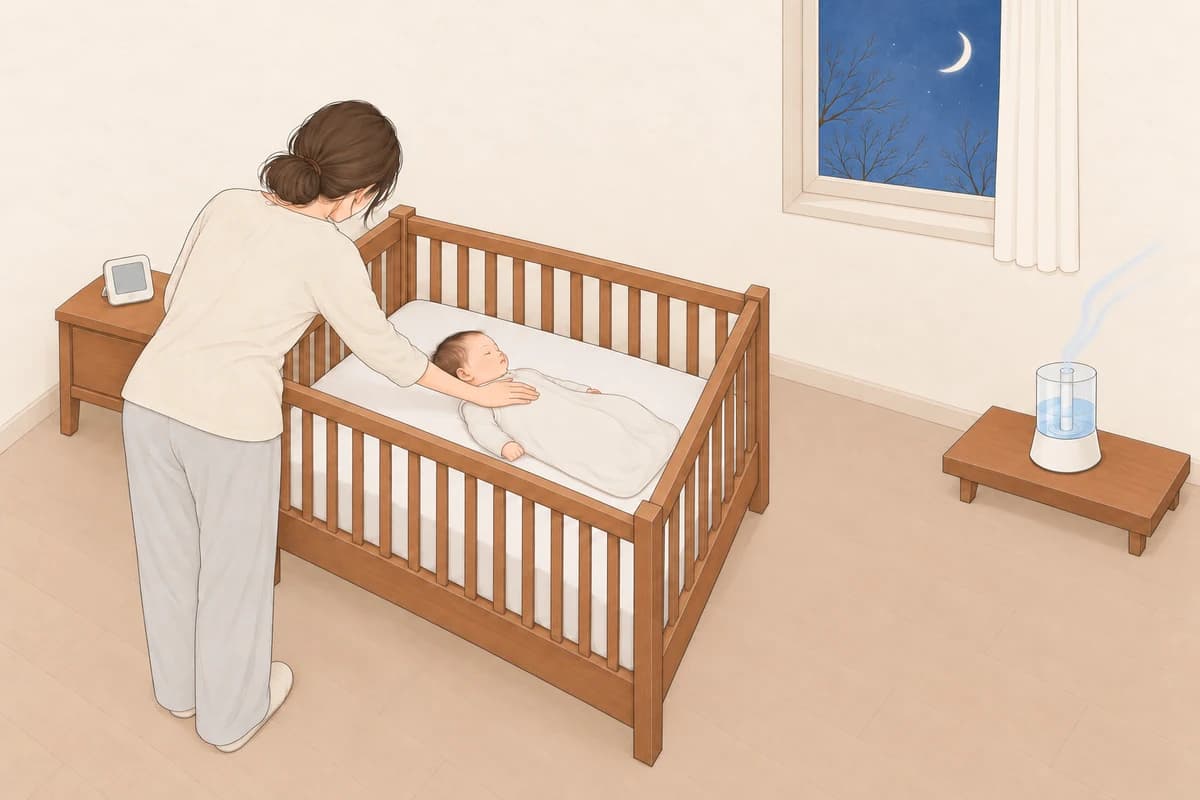 겨울 밤 아기 방, 뒷모습의 엄마가 아기 침대 난간 너머로 손을 뻗어 수면조끼를 입고 반듯이 누운 아기의 가슴에 손바닥을 얹어 보고(침대 안에 베개, 이불, 인형 없음), 침대 머리맡 협탁에 온습도 센서가 놓여 있으며, 침대 발치에서 떨어진 낮은 원목 받침 위 가습기에서 옅은 분무가 아기 얼굴 반대쪽으로 올라가는 그림