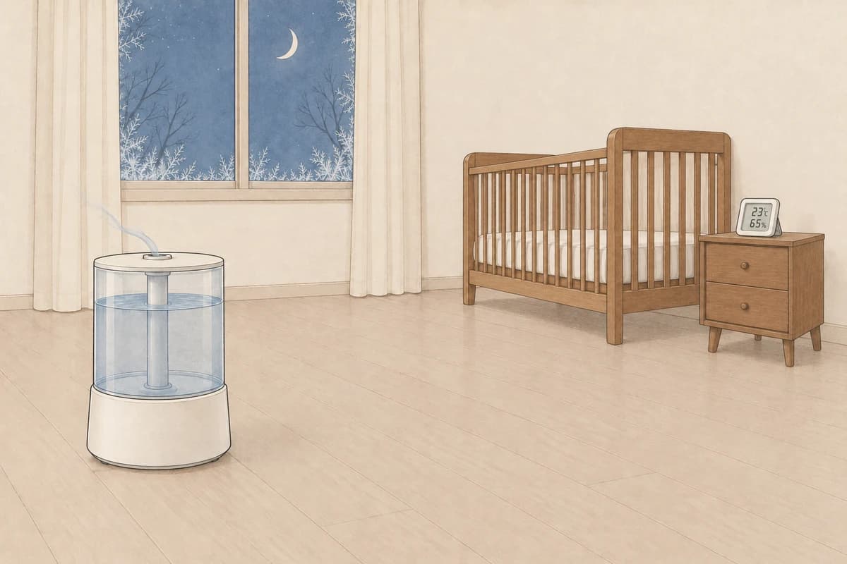 창 유리 가장자리에 성에가 낀 겨울 밤의 아기 방, 아기 침대에서 1~2m 떨어진 발치 쪽 바닥의 가습기에서 옅은 김이 막 나오기 시작하고, 침대 머리맡 협탁의 온습도 센서가 23℃, 65%를 가리키는 그림