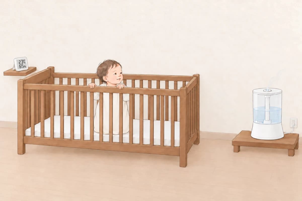 낮의 아기 방, 매트리스를 가장 낮게 내린 빈 아기 침대(베개·이불·인형 없음)에서 수면조끼를 입은 작고 통통한 돌 무렵 아이가 난간 윗단을 두 손으로 잡고 서 있고, 침대 머리 쪽 바깥 벽 선반의 온습도 센서가 23℃, 65%를 가리키며, 침대 발치에서 빈 바닥을 두고 떨어진 낮은 원목 받침 위 가습기의 전선이 바로 옆 콘센트로 짧게 이어지고 아주 옅은 분무가 위로 오르는 그림