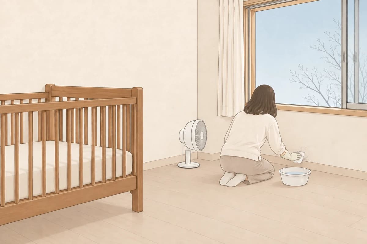 낮의 아기 방, 창문을 열어 두고 빈 아기 침대는 바깥벽에서 떼어 방 안쪽에 두었으며, 고무장갑을 낀 엄마가 창 아래 벽 밑자락의 작고 옅은 곰팡이 얼룩을 천으로 닦고, 옆에 물 대야와 벽 쪽을 향한 작은 선풍기가 놓인 그림