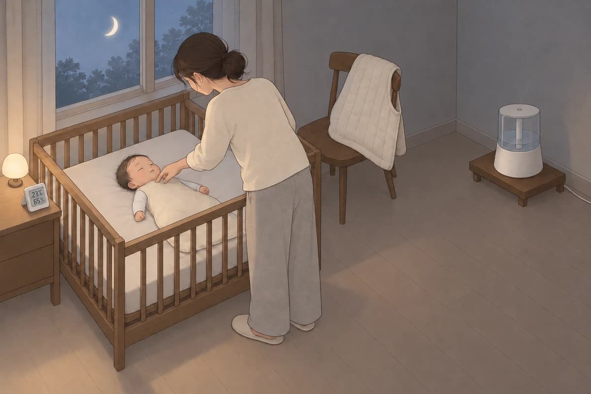어둑한 밤 아기 방, 베개·이불·인형 없이 꼭 맞는 시트만 깔린 아기 침대에 모자 없이 수면조끼를 입은 아기가 반듯이 누워 자고, 엄마가 침대 난간 너머로 손끝을 수면조끼 목둘레에 대어 가슴 위쪽을 만져 보며, 침대 옆 의자 등받이에 도톰한 누빔 수면조끼가 걸려 있고, 침대 발치 너머 방 구석의 낮은 원목 받침 위 가습기가 침대 반대쪽에 놓여 있으며, 머리맡 협탁의 작은 수유등 옆 온습도 센서가 23℃, 65%를 가리키는 그림