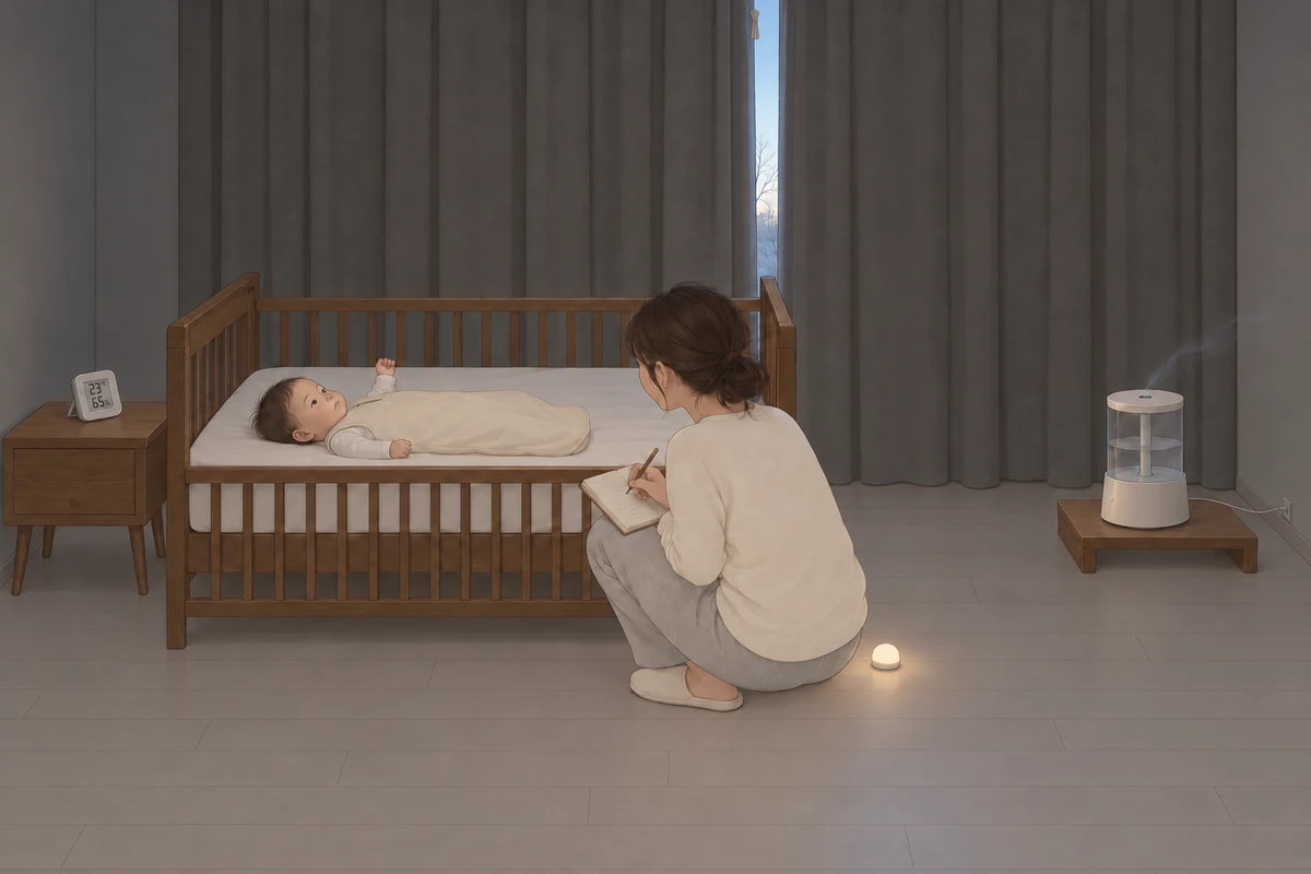 어둑한 새벽 아기 방, 거의 닫힌 짙은 회색 암막 커튼 틈으로 옅은 새벽빛이 한 줄 들어오고, 꼭 맞는 시트만 깔린 아기 침대에 수면조끼를 입은 아기가 반듯이 누운 채 눈을 뜨고 한 팔을 들어 뒤척이며, 엄마가 침대 옆에 쪼그려 앉아 작은 수첩에 연필로 적고 그 옆 바닥에 작은 수유등이 은은하게 켜져 있으며, 침대 발치에서 떨어진 낮은 원목 받침 위 가습기의 옅은 분무가 침대 반대쪽으로 흐르고, 머리맡 협탁의 온습도 센서가 23℃, 65%를 가리키는 그림