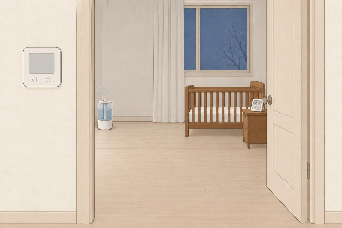 겨울 밤, 거실 벽에 화면이 빈 보일러 온도조절기가 붙어 있고, 활짝 열린 문 너머 아기 방에서는 침대 머리맡 협탁의 온습도 센서가 23℃, 65%를 가리키며, 침대에서 떨어진 발치 쪽 바닥의 가습기에서 옅은 김이 나오는 그림
