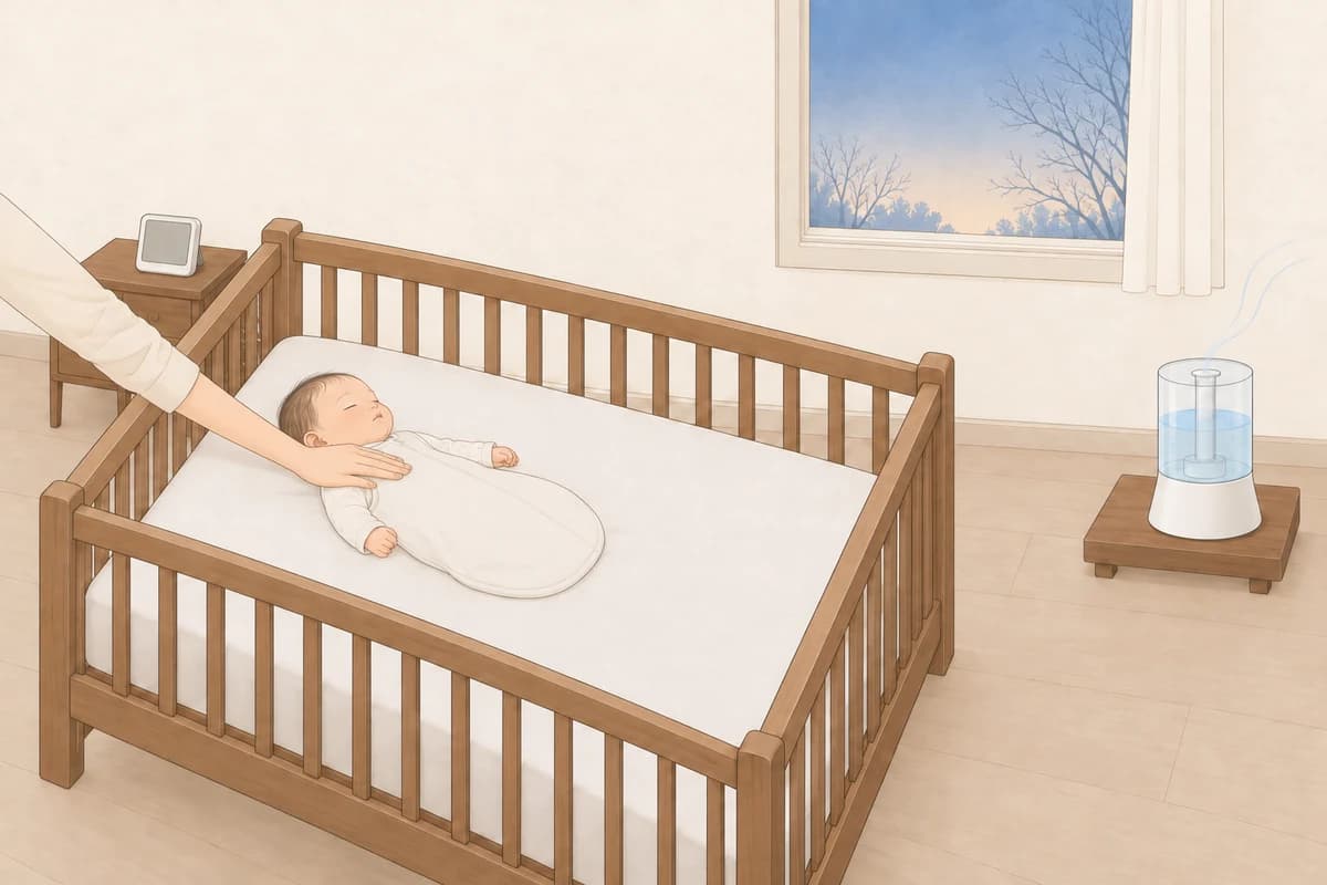 새벽 아기 방, 베개·이불·인형 없이 꼭 맞는 시트만 깔린 아기 침대에 모자 없이 수면조끼를 입은 아기가 반듯이 누워 자고, 부모가 침대 난간 너머로 손을 넣어 아기 가슴(수면조끼 위)에 손바닥을 살며시 얹어 보며, 침대 발치에서 떨어진 낮은 받침 위 가습기의 옅은 분무가 아기 얼굴 반대쪽으로 흐르고, 침대 머리맡 협탁에 온습도 센서가 놓인 그림