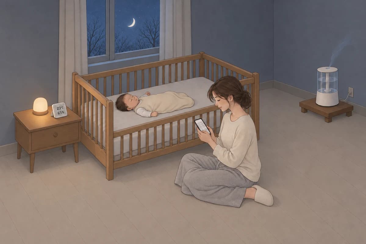 밤의 어둑한 아기 방, 엄마가 아기 침대 앞 바닥에 앉아 빈 칸 무늬만 흐리게 보이는 휴대폰 화면을 내려다보고, 수면조끼를 입은 아기가 베개·이불·인형 없이 맞춤 시트만 깔린 침대에 똑바로 누워 자며, 침대 머리 쪽 협탁의 작은 수유등 옆 온습도 센서가 23℃, 65%를 가리키고, 침대 발치 너머 오른쪽 안쪽 구석 낮은 원목 받침 위 가습기에서 옅은 분무가 침대 반대쪽으로 오르는 그림