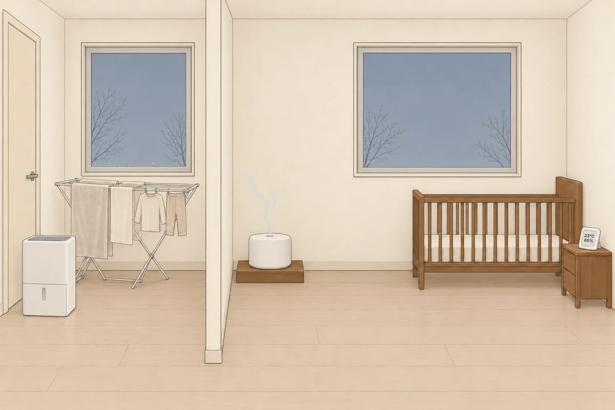 벽 하나를 사이에 둔 두 방을 앞에서 나란히 보여 주는 겨울 저녁, 왼쪽 문 닫힌 작은방에는 빨래 건조대 옆에 흰 상자형 제습기가 놓여 있고, 오른쪽 아기 방에는 아기 침대에서 침대 길이만큼 떨어진 발치 쪽 낮은 받침 위 가습기가 옅은 분무를 내며 침대 머리맡 협탁의 온습도 센서가 23℃, 65%를 가리키는 그림