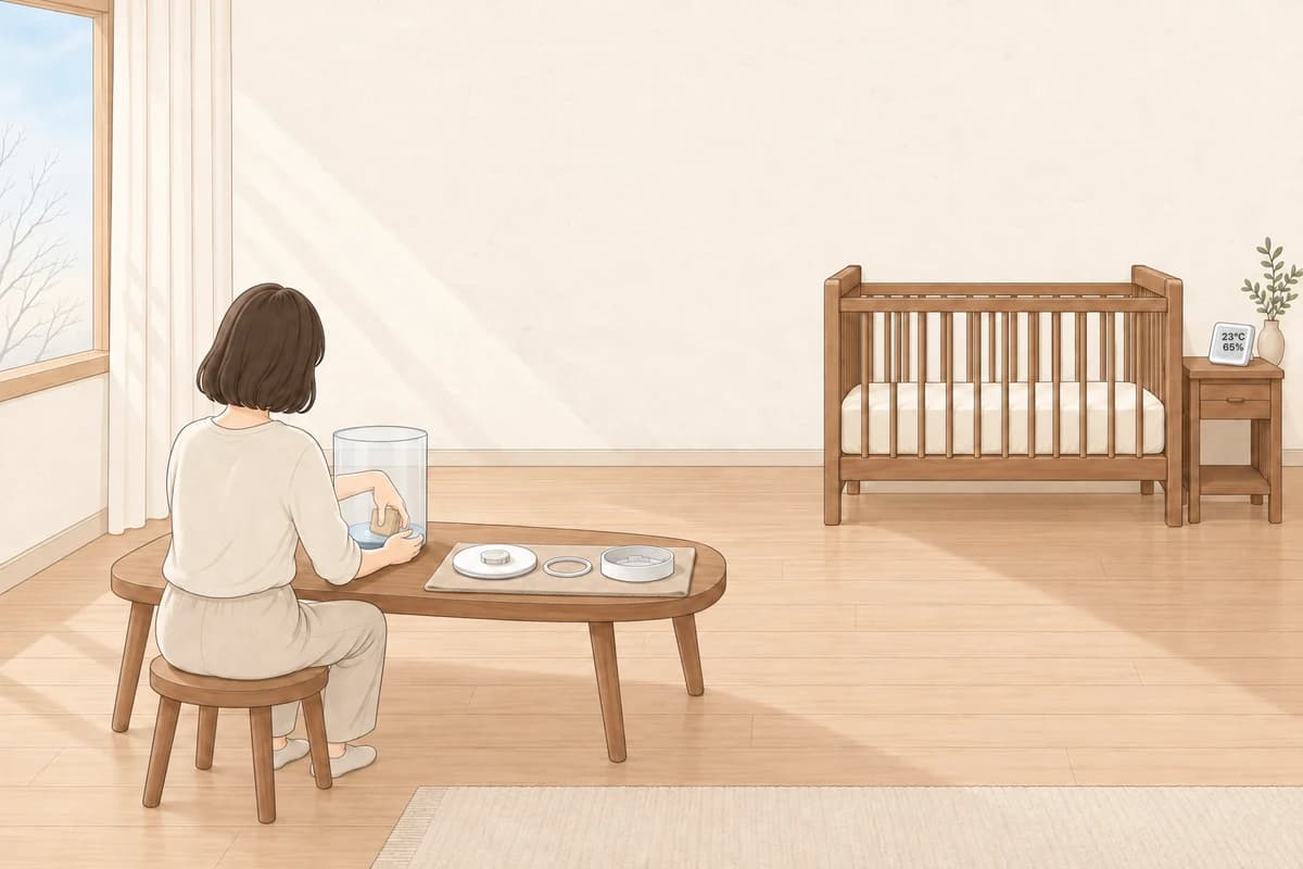 낮잠 시간의 아기 방 한쪽 낮은 탁자에서 부모가 분리한 가습기 물통 입구에 스펀지를 쥔 손을 넣어 바닥 모서리를 닦고, 탁자 위 수건에 뚜껑과 고무 패킹, 물받이가 나란히 놓여 있으며, 뒤편 아기 침대 머리맡 선반의 온습도 센서가 23℃, 65%를 가리키는 그림
