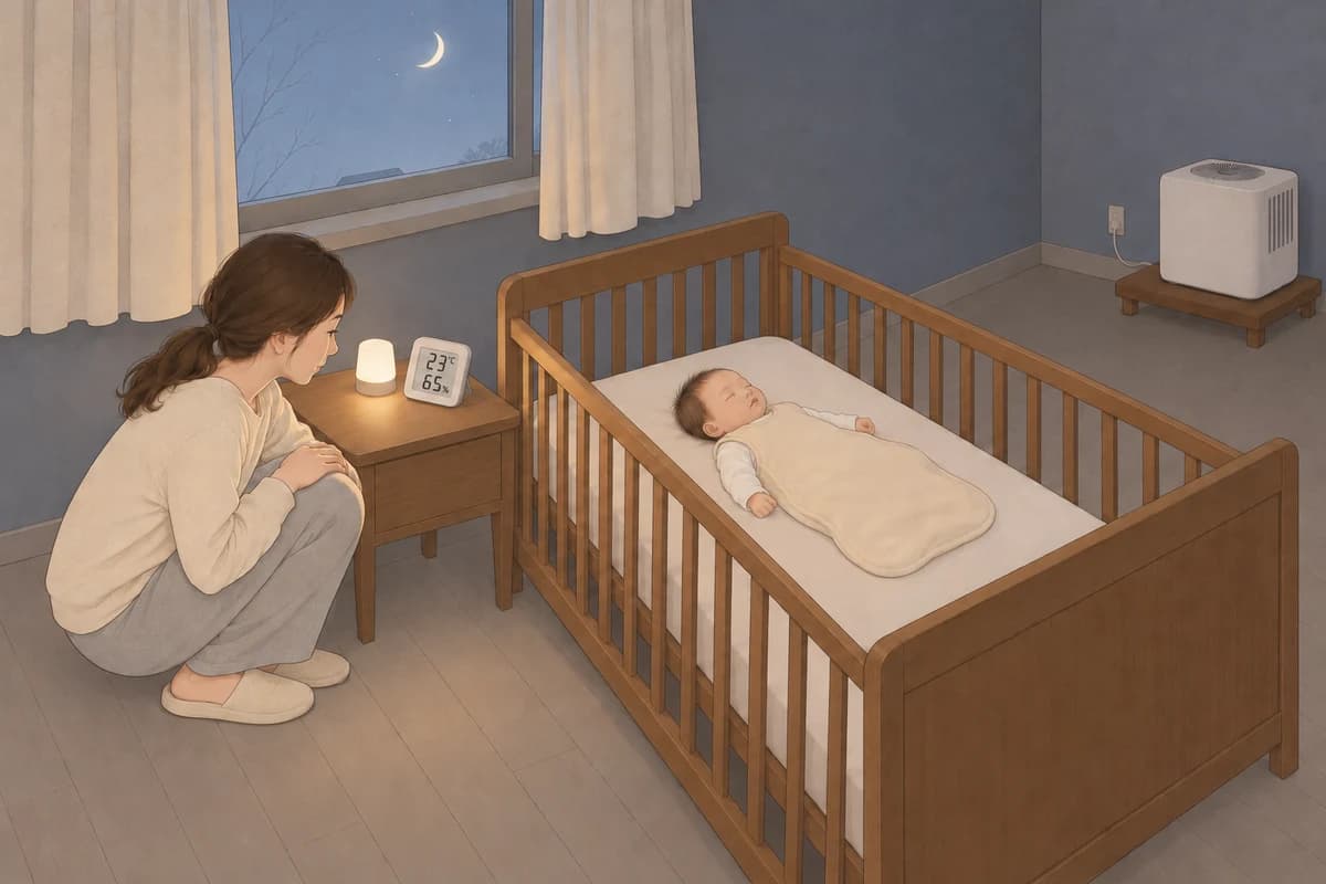 겨울밤 어둑한 신생아 방, 수면조끼를 입은 아기가 베개·이불·인형 없이 맞춤 시트만 깔린 침대에 똑바로 누워 자고, 엄마가 침대 머리맡 협탁 옆에 쪼그려 앉아 작은 수유등 옆 온습도 센서의 23℃, 65%를 들여다보며, 침대 발치 너머 오른쪽 구석 낮은 원목 받침 위에 분무가 보이지 않는 단순한 흰 상자 모양 기화식 가습기가 놓인 그림