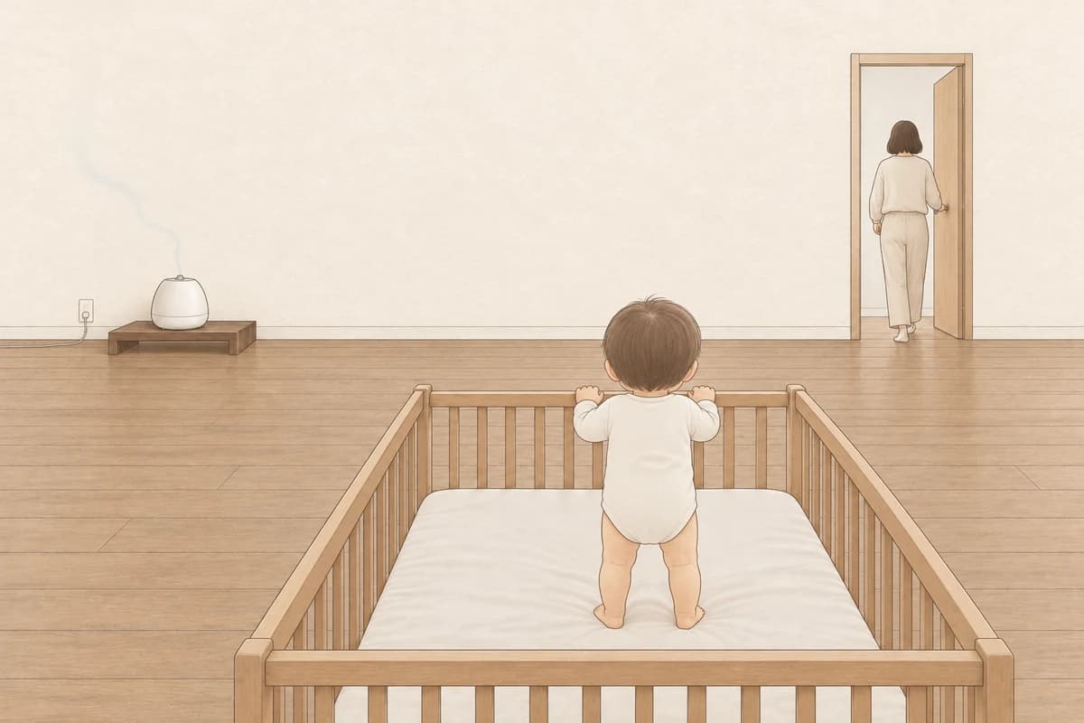 아기 침대 발치 쪽, 아기 손이 닿지 않는 평평하고 단단한 받침 위의 가열식 가습기가 침대 반대쪽 빈 공간으로 옅은 김을 내보내고, 전선은 벽을 따라 정리돼 있으며, 침대 난간을 잡고 선 아기가 머리맡 쪽에서 엄마를 바라보는 아기 방 그림