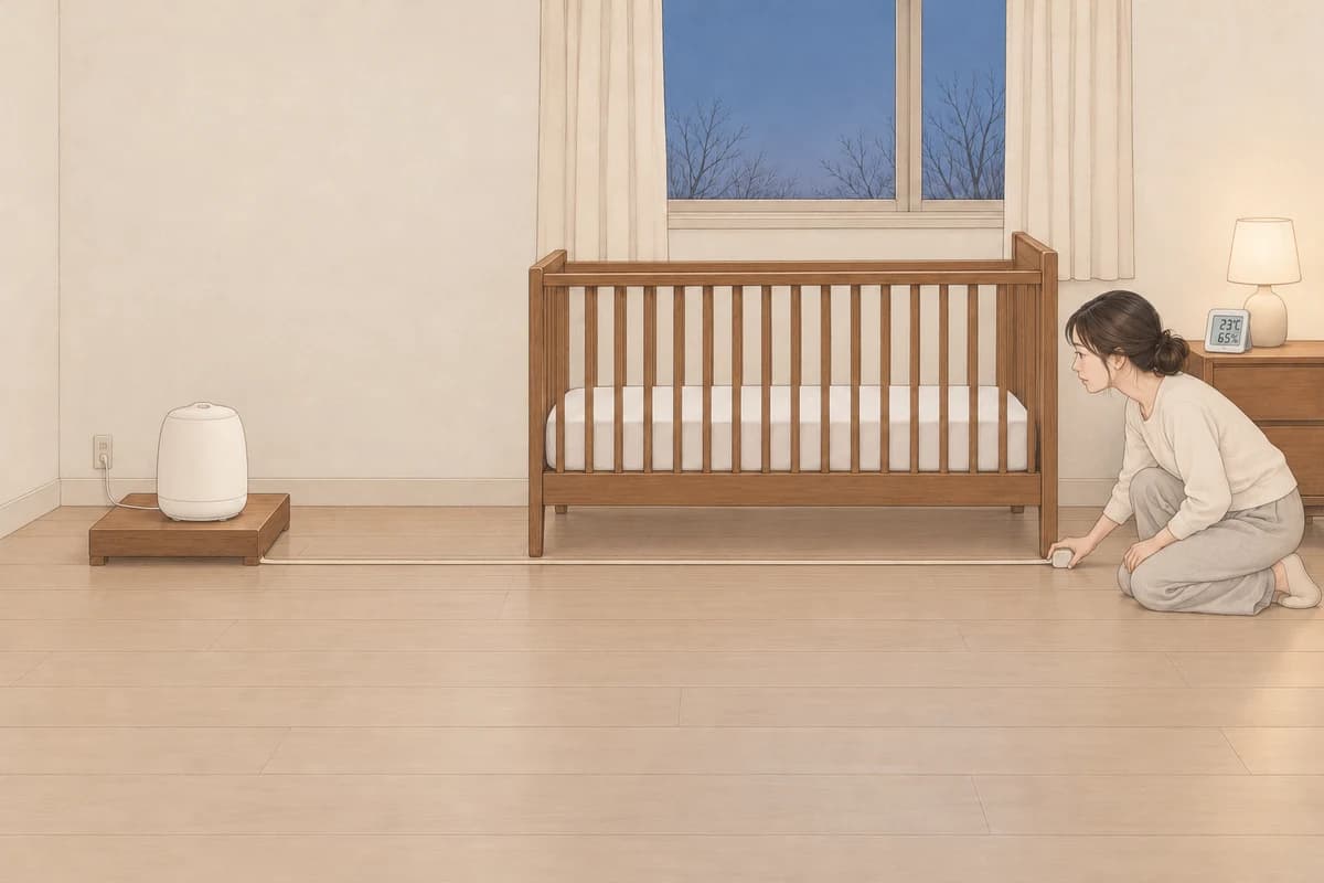 잠들기 전 저녁의 아기 방, 엄마가 빈 아기 침대 머리 쪽 기둥 아래 바닥에 줄자 통을 대고 무릎을 꿇은 채 줄자를 침대 앞을 지나 왼쪽 구석까지 곧게 펼쳐 거리를 재고, 그 구석의 낮은 원목 받침 위에 꺼진 흰 둥근 통 모양의 일반 가열식 가습기가 놓여 전선이 바로 뒤 콘센트로 이어지며, 침대 머리맡 협탁의 스탠드 옆 온습도 센서가 23℃, 65%를 가리키는 그림