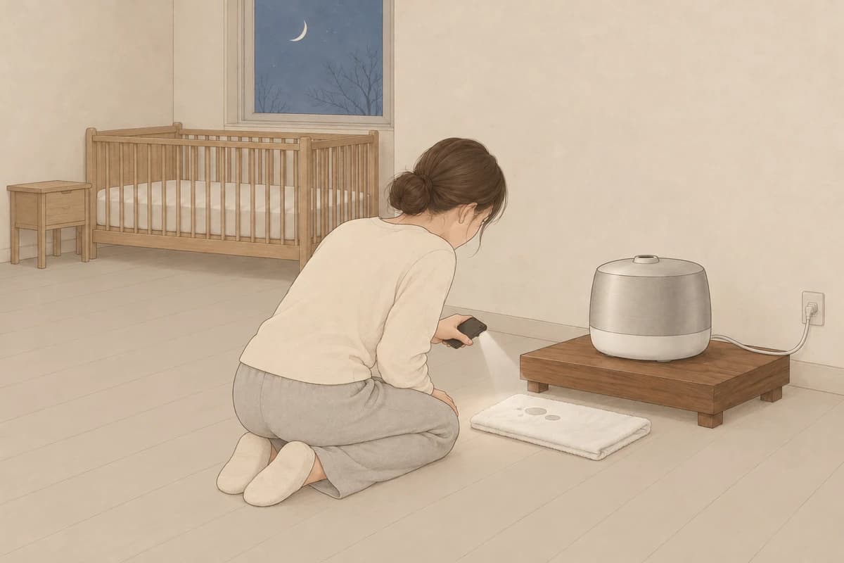 밤의 아기 방, 빈 아기 침대에서 멀리 떨어진 발치 쪽 구석의 낮은 원목 받침 위에 꺼진 일반 가열식 가습기(은색과 흰색의 낮은 원통형, 브링더홈 모양 아님)가 놓이고, 받침 앞 바닥의 접은 흰 수건 위에 동그란 물 자국이 몇 개 보이며, 엄마가 무릎을 꿇고 앉아 휴대폰 불빛으로 그 자국을 비춰 보고, 전선은 벽 콘센트로 이어지는 그림