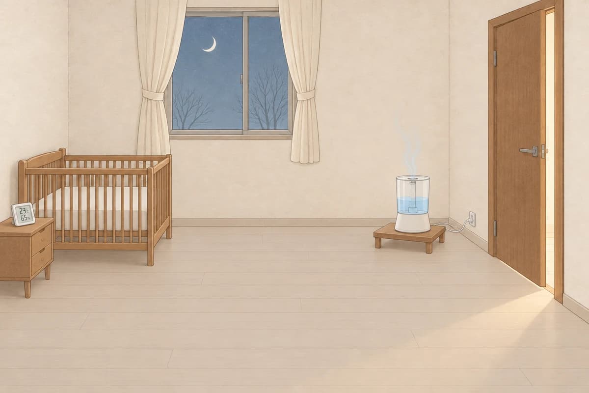 달이 뜬 밤의 아기 방, 방문이 살짝 열려 그 틈으로 옅은 불빛이 바닥에 들어오고, 아기 침대에서 멀리 떨어진 낮은 받침 위 가습기가 옅은 분무를 내며, 침대 머리맡 협탁의 온습도 센서가 23℃, 65%를 가리키는 그림