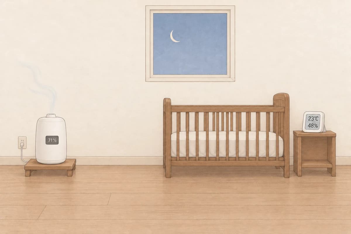 밤의 아기 방, 침대 발치 쪽 가습기 화면에는 71%가, 아기 침대 머리맡 선반의 작은 습도계에는 48%가 떠 있어 두 숫자가 다르게 보이는 그림
