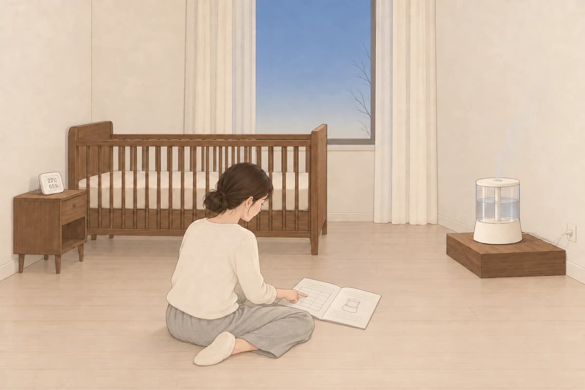 저녁의 아기 방, 빈 아기 침대 머리맡 협탁의 온습도 센서가 23℃, 65%를 가리키고, 침대에서 멀리 떨어진 오른쪽 구석의 낮은 원목 받침 위 가습기가 옅은 미스트를 위로 올려 흐려지게 하며, 엄마가 바닥에 앉아 펼친 설명서의 표 칸을 손가락으로 짚는 그림(설명서에 글자 없음)