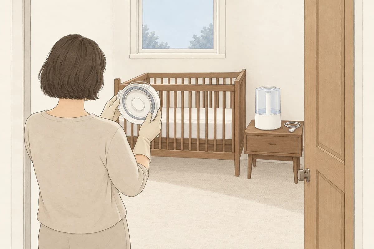 아기 방 문 앞에서 부모가 고무장갑을 끼고 가습기 물통 뚜껑을 들어 안쪽을 살피는데 패킹 틈에 작은 점들이 보이고, 방 안 아기 침대 옆 협탁에는 전원을 뽑은 가습기 본체가 놓인 그림