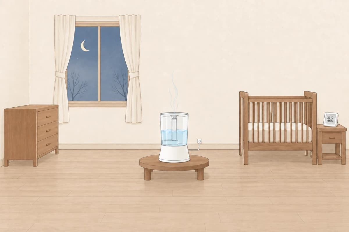 겨울 밤의 아기 방, 커튼을 양옆으로 묶은 마른 창과 벽에서 떨어진 방 가운데 낮은 원목 받침 위 가습기가 옅은 분무를 위로 내보내고, 침대 길이만큼 떨어진 아기 침대 머리맡 협탁의 온습도 센서가 23℃, 65%를 가리키는 그림