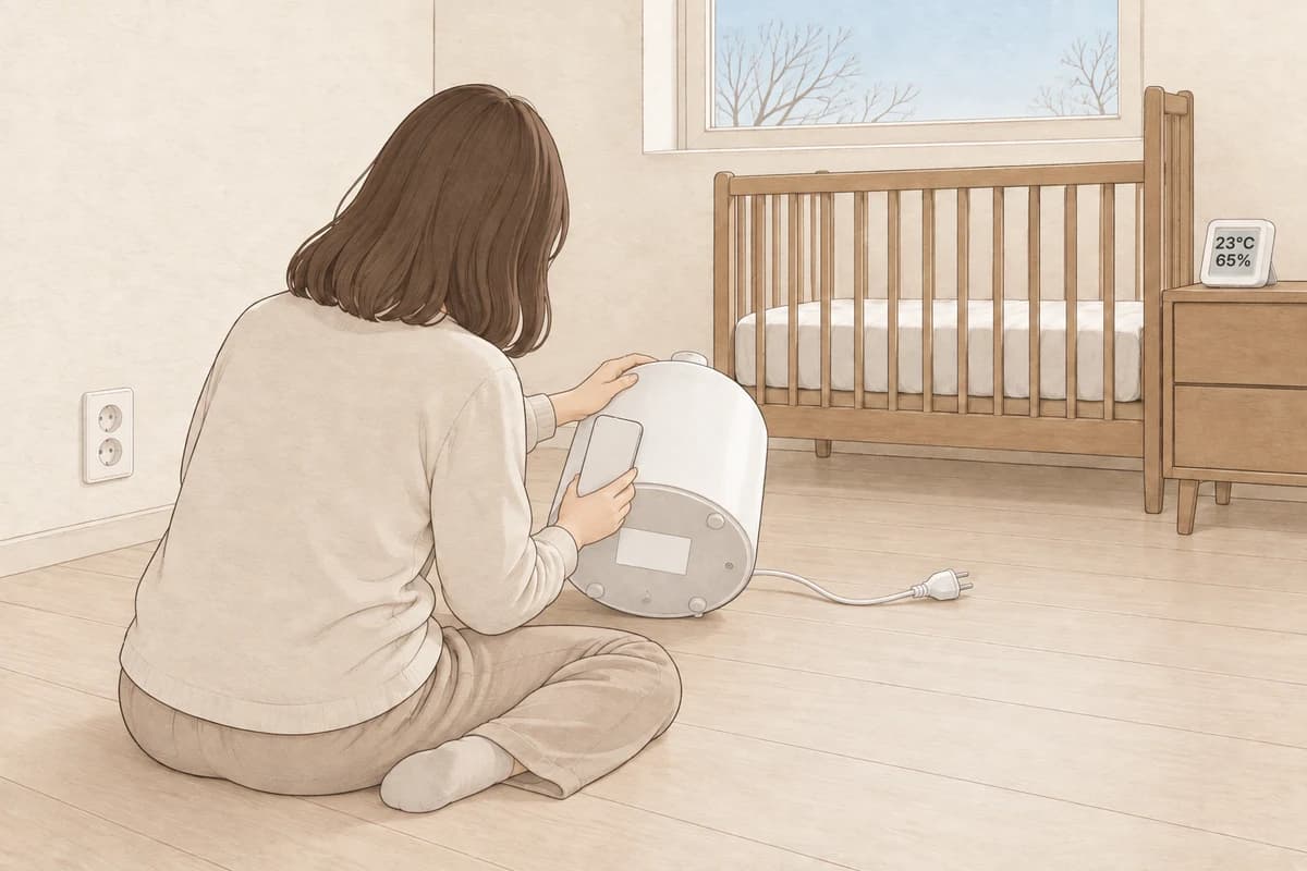 낮의 아기 방, 아기 침대 발치 쪽에서 떨어진 바닥에 앉은 엄마가 플러그를 뽑은 가습기를 기울여 밑면의 빈 표시 스티커를 휴대폰으로 확인하는 뒷모습과, 침대 머리맡 협탁의 온습도 센서가 23℃, 65%를 가리키는 그림