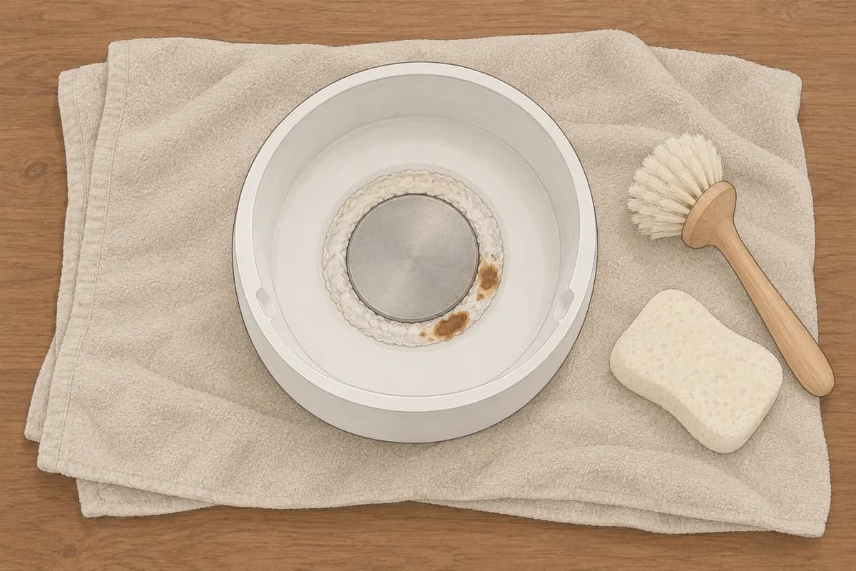 접은 수건 위에 놓인 가습기 본체를 위에서 내려다본 장면으로, 가운데 금속 가열판 둘레에 하얀 물때가 두껍게 앉고 한쪽 가장자리에 붉은 녹 얼룩이 보이며, 옆에 솔과 스펀지가 놓인 그림