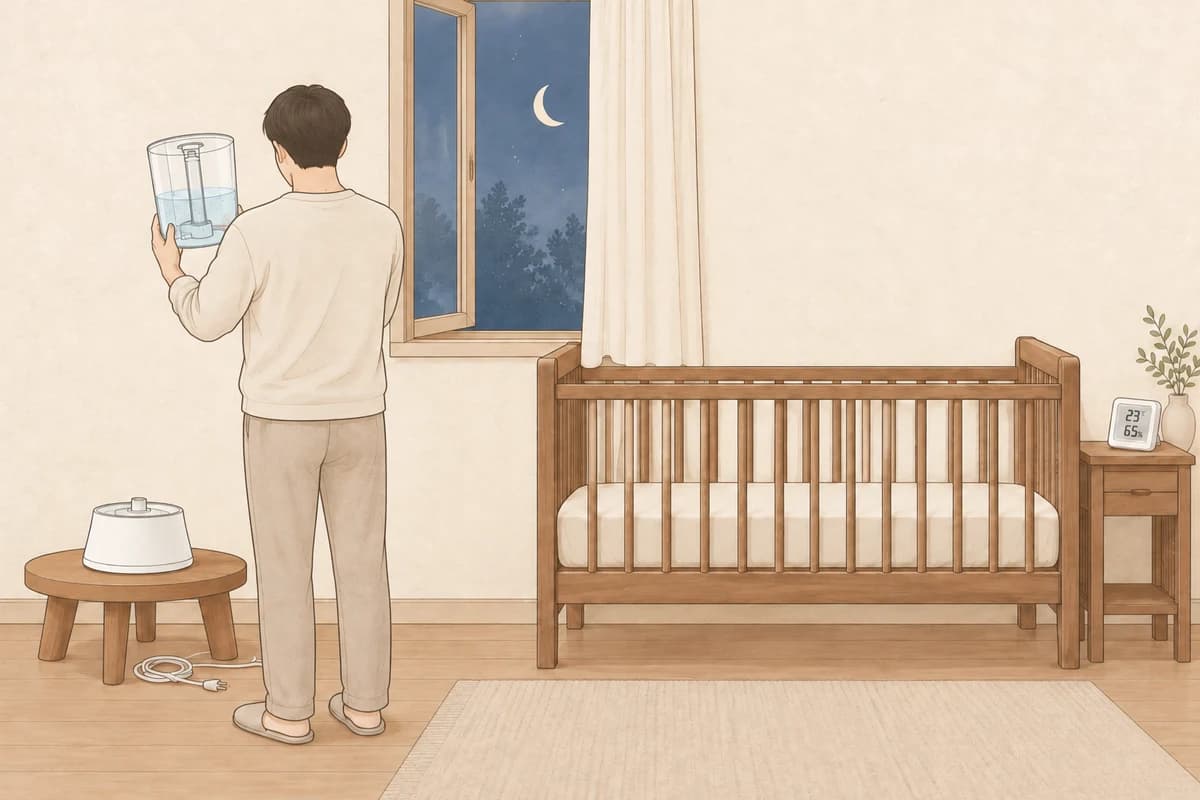 창문을 조금 연 밤의 아기 방, 아기 침대 발치에서 떨어진 낮고 단단한 받침 위 가습기는 플러그가 뽑혀 있고, 부모가 분리한 물통을 두 손으로 들어 안쪽을 들여다보며, 머리맡 선반의 온습도 센서가 23℃, 65%를 가리키는 그림