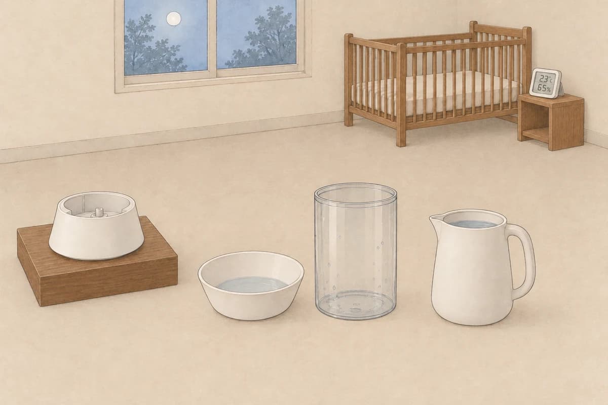 밤의 아기 방, 아기 침대 발치에서 떨어진 낮은 받침 위에 물통을 뺀 가습기 받침대가 있고, 그 옆 바닥에 빈 물통과 남은 물을 쏟아 낸 대야, 새 물을 담은 주전자가 놓여 있으며, 머리맡 선반의 온습도 센서가 23℃, 65%를 가리키는 그림