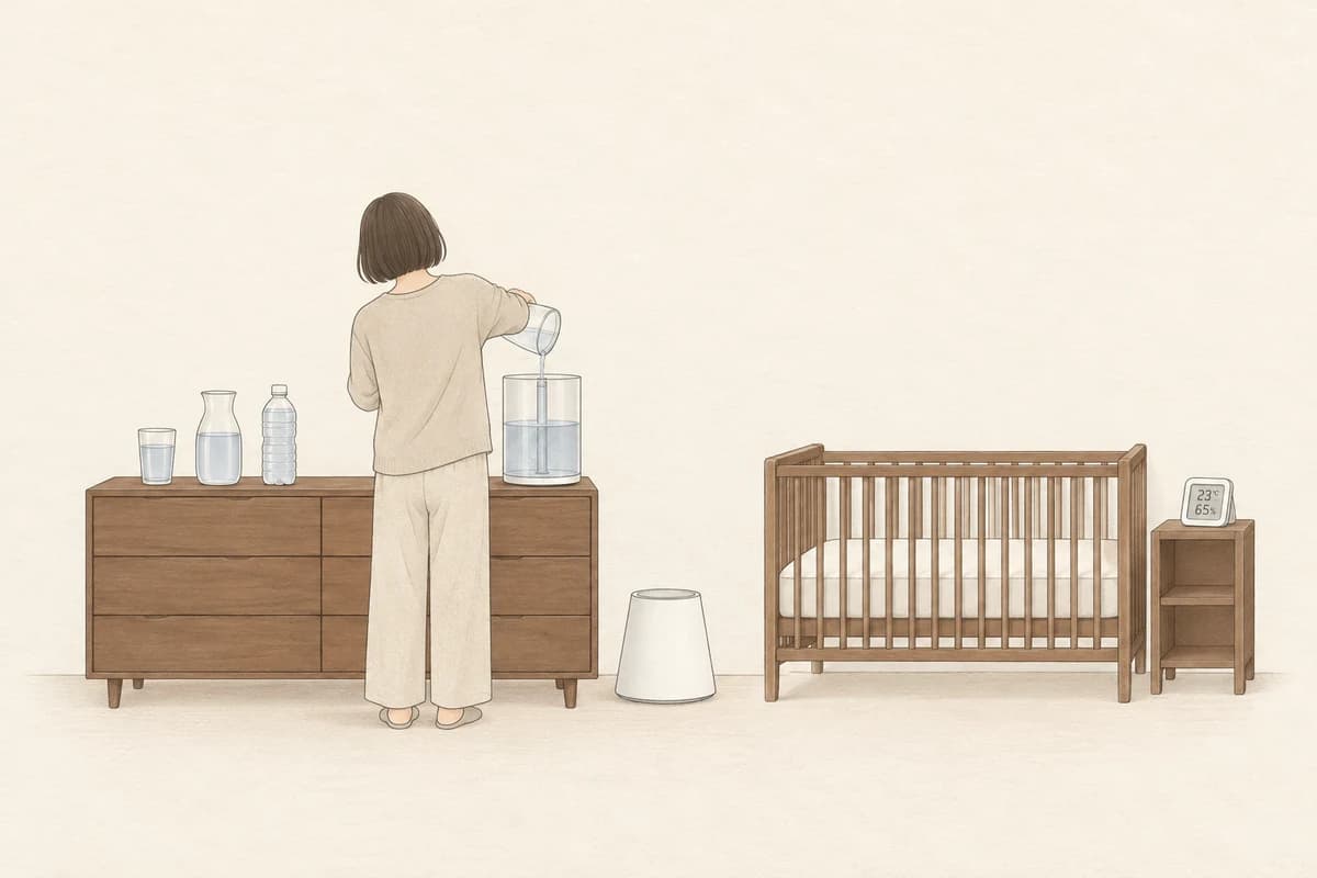 아기 방 협탁 위에 수돗물 컵, 정수기 물병, 생수병이 나란히 놓이고, 부모가 가습기 물통에 물을 붓는 옆으로 아기 침대 머리맡의 온습도 센서가 23℃, 65%를 가리키는 그림