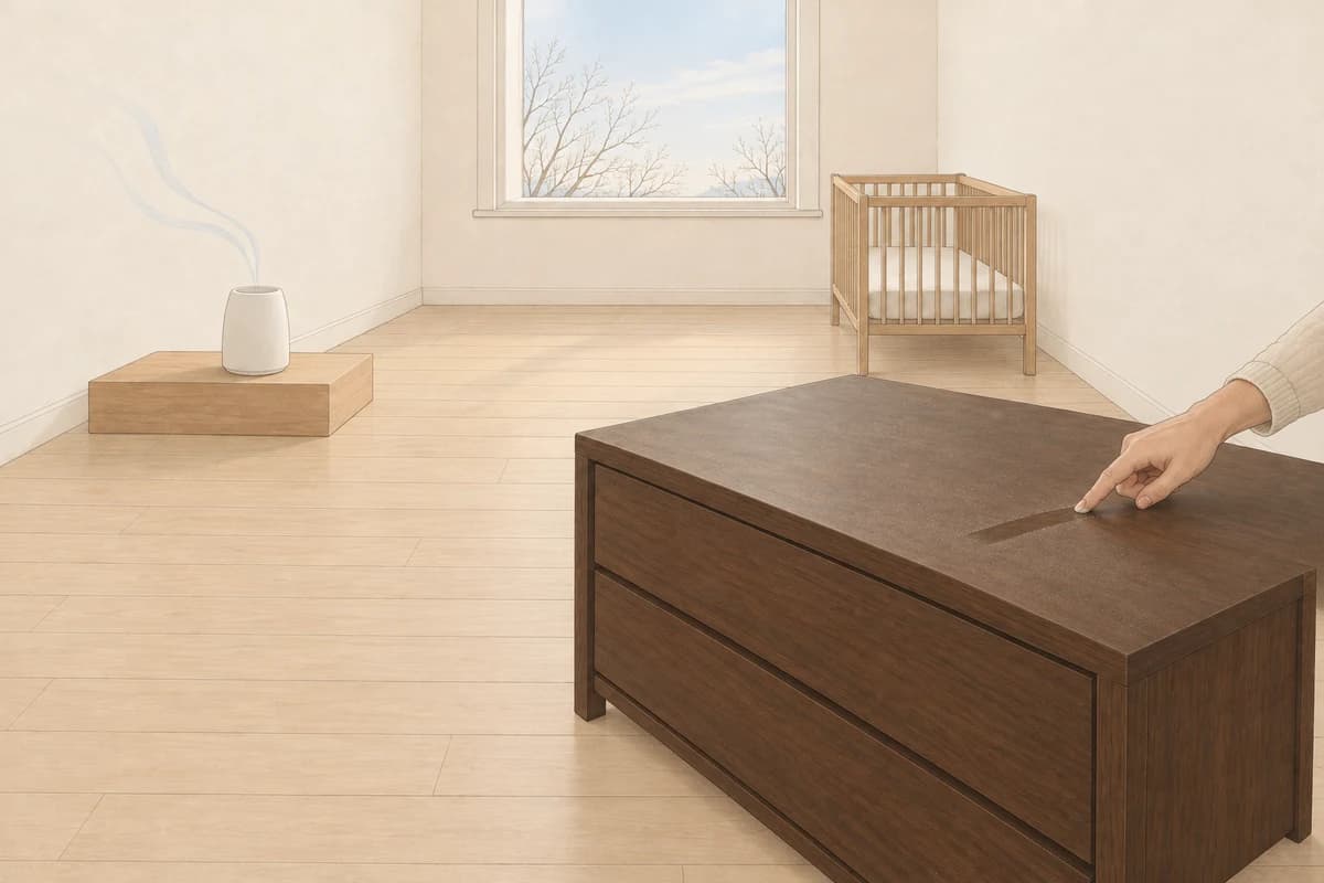 아침 빛이 드는 아기 방, 앞쪽 짙은 나무 서랍장 위에 옅게 앉은 흰 가루를 부모의 손끝이 한 줄 쓸어 자국이 남고, 방 반대편 벽 쪽 낮은 원목 받침 위 흰 가습기가 침대 반대쪽 빈 공간으로 옅은 김을 내보내며, 멀리 빈 아기 침대가 보이는 그림