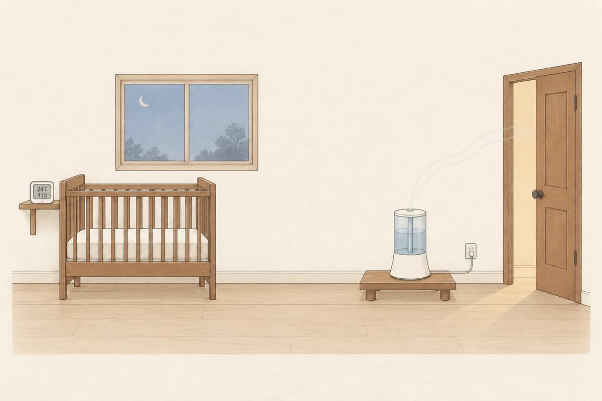 밤의 아기 방, 아기 침대 발치의 가습기에서 옅은 미스트가 나오고, 반쯤 열린 방문 틈으로 거실 불빛이 들어오며, 머리맡 선반의 온습도 센서가 24℃, 41%를 가리키는 그림