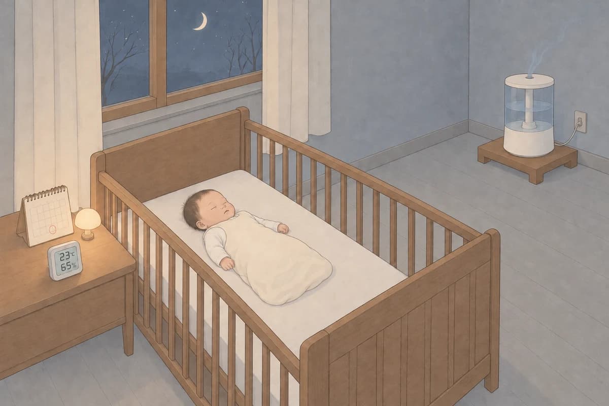 겨울 밤 어둑한 아기 방, 베개·이불·인형 없이 꼭 맞는 시트만 깔린 아기 침대에 모자 없이 수면조끼를 입은 신생아가 반듯이 누워 자고, 침대 옆 협탁 위 온습도 센서가 23℃, 65%를 가리키며 그 옆에 숫자 없는 칸 하나에 동그라미를 친 작은 탁상 달력과 작은 수유등이 놓여 있고, 침대 발치 너머 오른쪽 안쪽 구석의 낮은 원목 받침 위 가습기의 분무가 아기 얼굴 반대쪽으로 올라가는 그림