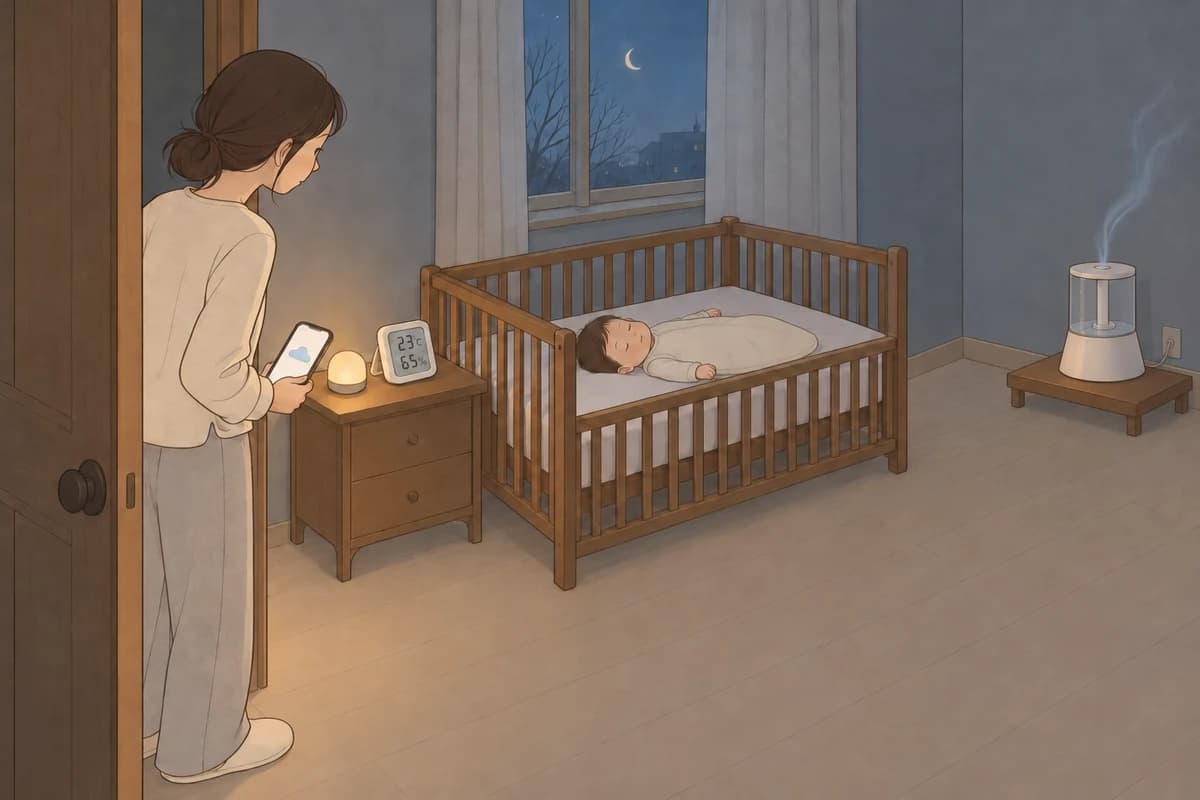 밤의 어둑한 아기 방, 왼쪽 방문 안쪽에 선 엄마가 구름 그림 하나만 보이는 휴대폰을 들고 아기 침대 머리 쪽 협탁 쪽을 내려다보고, 협탁의 작은 수유등 옆 온습도 센서가 23℃, 65%를 가리키며, 수면조끼를 입은 아기가 맞춤 시트만 깔린 아기 침대에 반듯이 누워 자고, 침대 발치 너머 오른쪽 안쪽 구석 낮은 원목 받침 위 가습기에서 옅은 분무가 오르는 그림