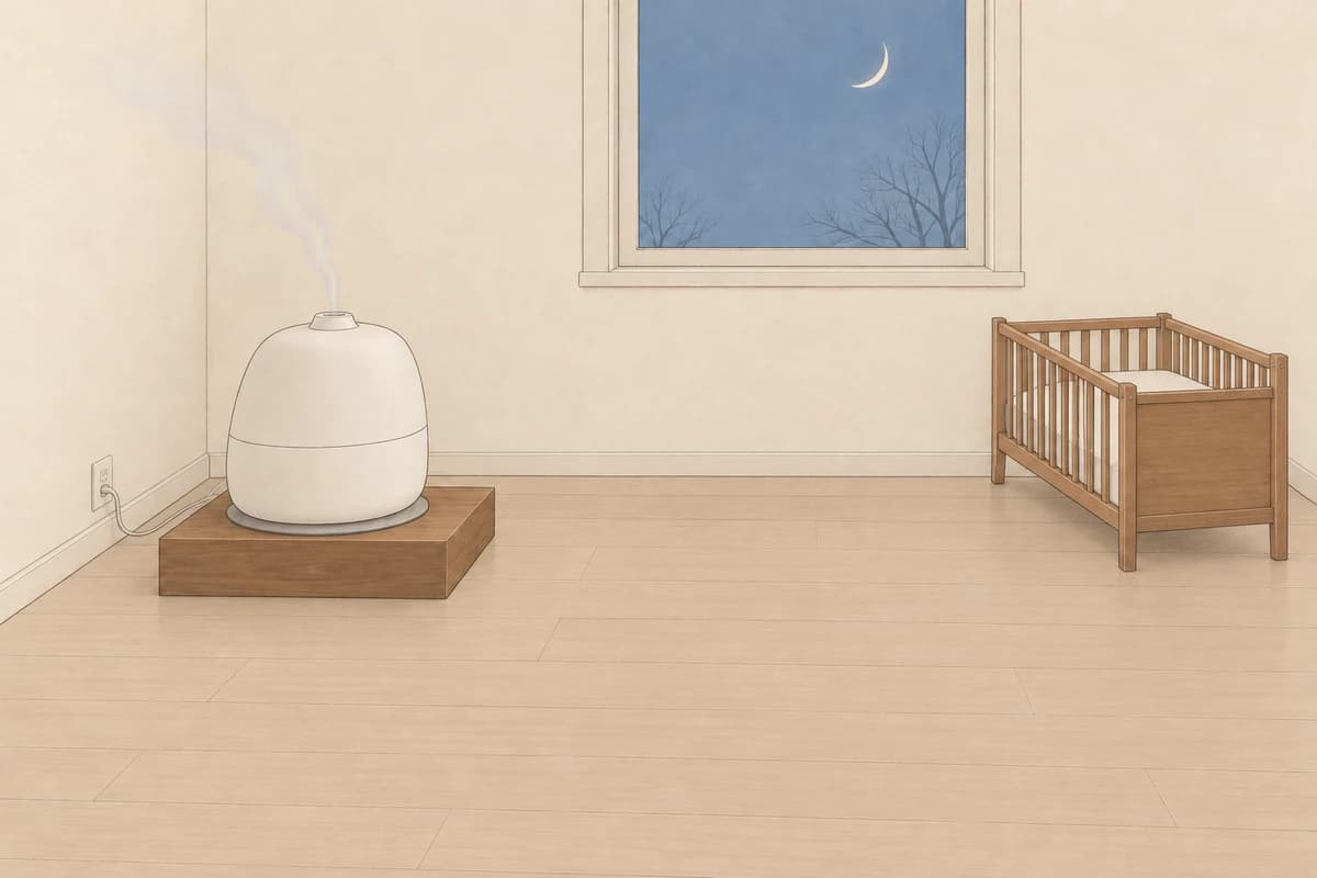 달이 뜬 밤의 아기 방, 벽에서 조금 띄운 낮고 단단한 원목 받침 위에 얇은 회색 패드를 깔고 놓인 흰 가습기가 침대 반대쪽으로 옅은 김을 내고, 전선은 벽 콘센트로 이어지며, 멀리 떨어진 곳에 빈 아기 침대가 보이는 그림
