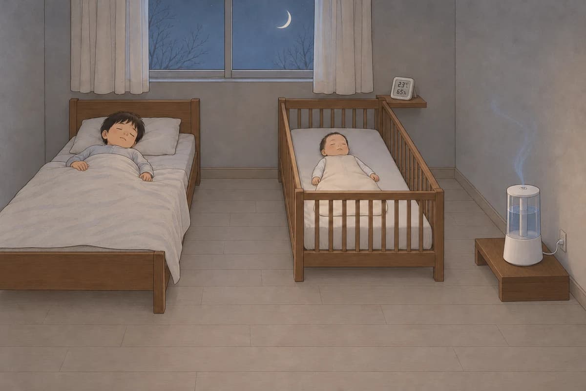 달빛만 드는 어둑한 아이 방, 뒷벽에 머리를 나란히 둔 두 잠자리가 빈 바닥을 사이에 두고 떨어져 있고, 왼쪽 어린이 침대에서는 큰아이가 얇은 이불을 덮고 베개를 베고 자며, 오른쪽 아기 침대에서는 수면조끼를 입은 동생이 베개·이불·인형 없이 반듯이 누워 자고, 아기 침대 머리 쪽 바깥 작은 선반의 온습도 센서가 23℃, 65%를 가리키며, 두 침대 발치 쪽 오른쪽 벽 앞 낮은 원목 받침 위 가습기의 전선이 바로 뒤 콘센트로 짧게 이어지고 옅은 분무가 위로 오르는 그림