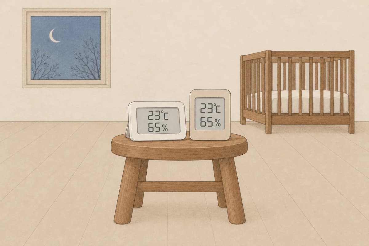 밤의 아기 방 가운데 낮은 원목 스툴 위에 모양이 다른 습도계 두 개가 바짝 붙어 나란히 놓여 둘 다 23℃, 65%를 가리키고, 뒤편 벽가에 빈 아기 침대와 달이 뜬 창이 보이는 그림