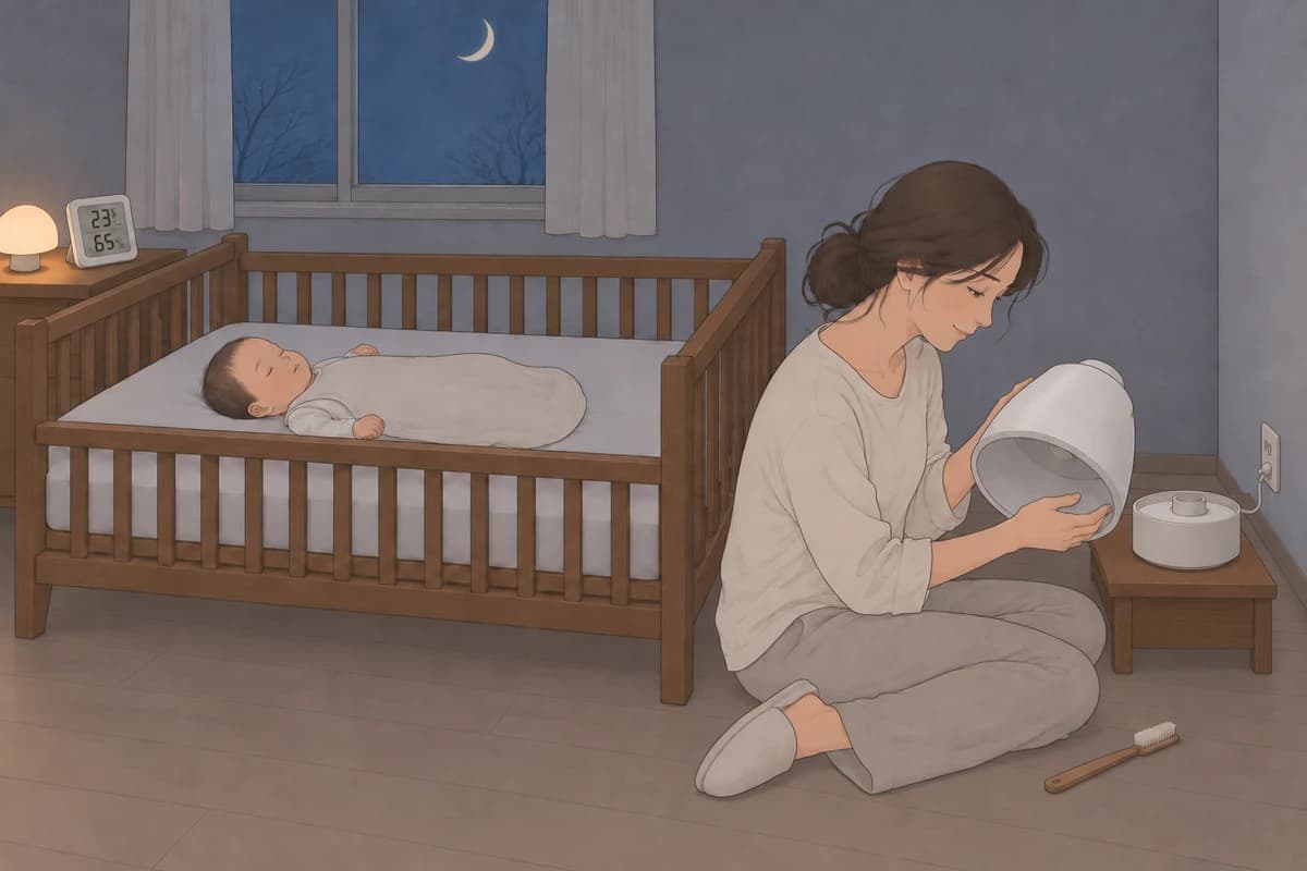 밤의 어둑한 아기 방, 수면조끼를 입은 아기가 베개·이불·인형 없이 맞춤 시트만 깔린 침대에 똑바로 누워 자고, 침대 머리 쪽 협탁의 작은 수유등 옆 온습도 센서가 23℃, 65%를 가리키며, 침대 발치 너머 오른쪽 구석 낮은 원목 받침 위에 물통을 뺀 흰 초음파 가습기 본체가 꺼져 있고, 그 앞 바닥에 앉은 엄마가 비운 흰 물통을 두 손으로 들어 안을 들여다보고, 엄마 무릎 옆에 작은 솔이 놓인 그림