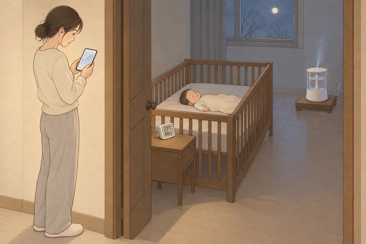 밤, 아기 방 문밖 복도에 선 엄마가 휴대폰의 하룻밤 습도 선 그래프를 들여다보고, 반쯤 열린 문 너머 어둑한 방 안에서 수면조끼를 입은 아기가 맞춤 시트만 깔린 아기 침대에 반듯이 누워 자며, 침대 머리맡 옆 협탁의 온습도 센서가 23℃, 65%를 가리키고, 침대 발치 너머 낮은 원목 받침 위 가습기에서 옅은 분무가 오르는 그림