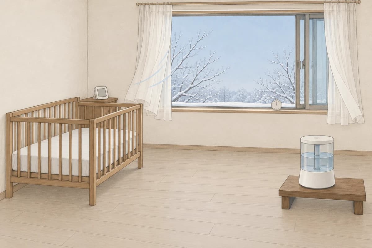 겨울 낮, 아기가 없는 아기 방의 창이 활짝 열려 커튼이 바람에 살짝 흔들리고, 창틀 위에 작은 주방 타이머가 놓여 있으며, 아기 침대 발치에서 1m 넘게 떨어진 낮은 받침 위 가습기는 꺼진 채이고, 침대 옆 협탁에 온습도 센서가 놓인 그림