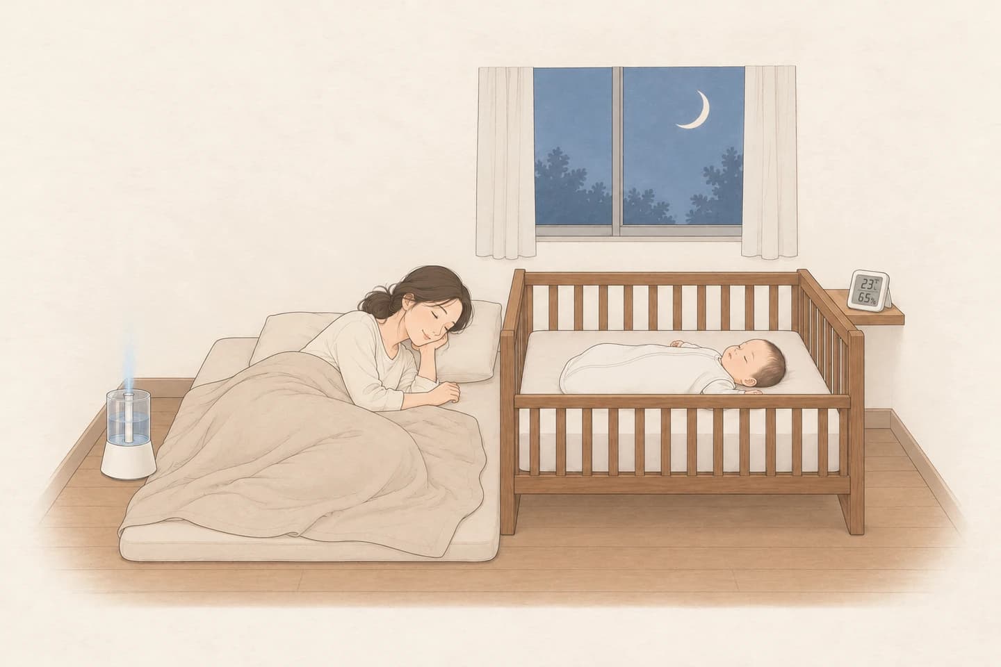 달 뜬 밤, 엄마는 바닥 요에서, 아기는 바로 옆 아기 침대에서 수면조끼를 입고 반듯이 누워 자고, 아기 머리맡 선반의 온습도 센서는 23℃, 65%를 가리키며, 가습기는 발치 쪽 바닥에 놓인 라인 그림