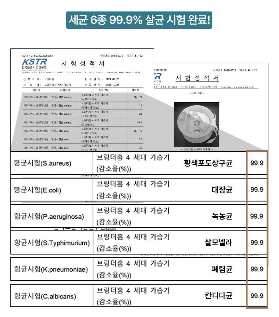 브링더홈 4세대 가습기 시료의 6종 균 감소 시험 결과가 적힌 KSTR 시험성적서